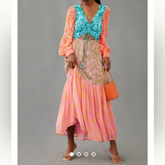 FARM Rio | Dresses | Farm Rio Anthropologie Cut Out Maxi Small Orange Pink  Blue Lined Long Sleeves | Poshmark